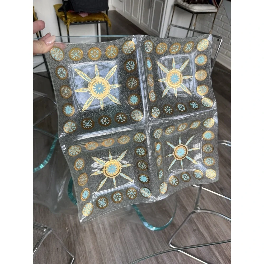 Vintage MCM CULVER Glass Carnival Turquoise Blue Gold 4 Serving‎ Tray Platter